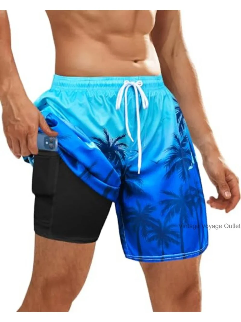 Mens Swim Trunks Quick Dry with Compression Liner Board Shorts with Zipper